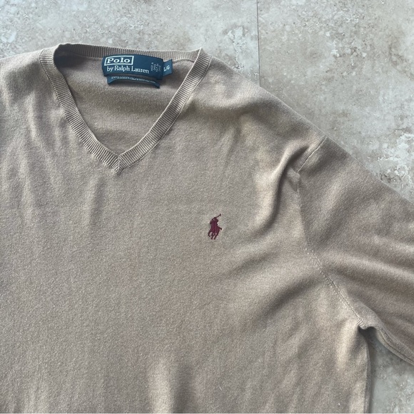 Polo by Ralph Lauren Tan Cream Nude Long Sleeve V Neck Sweater Men’s Size L. S - Picture 2 of 8